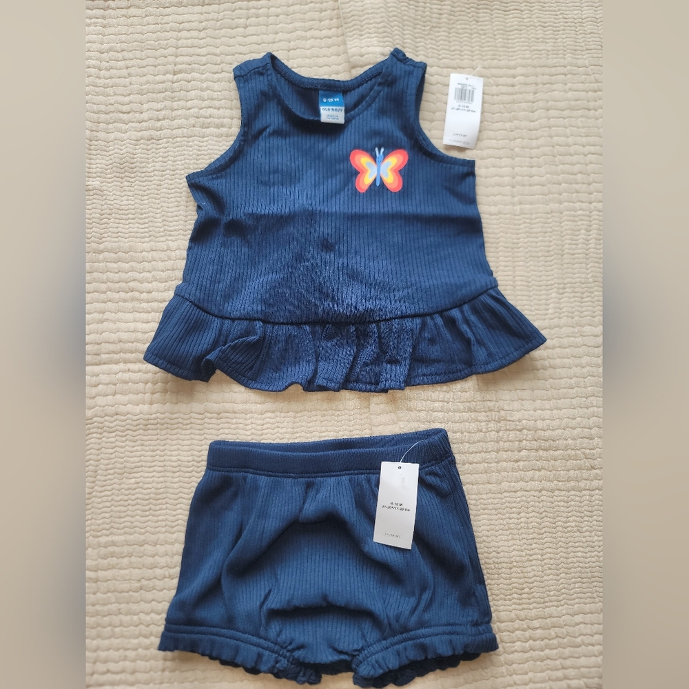 Old Navy Kids Navy Blue Butterfly Tank Top and Shorts Set Gift 6-12 Mos